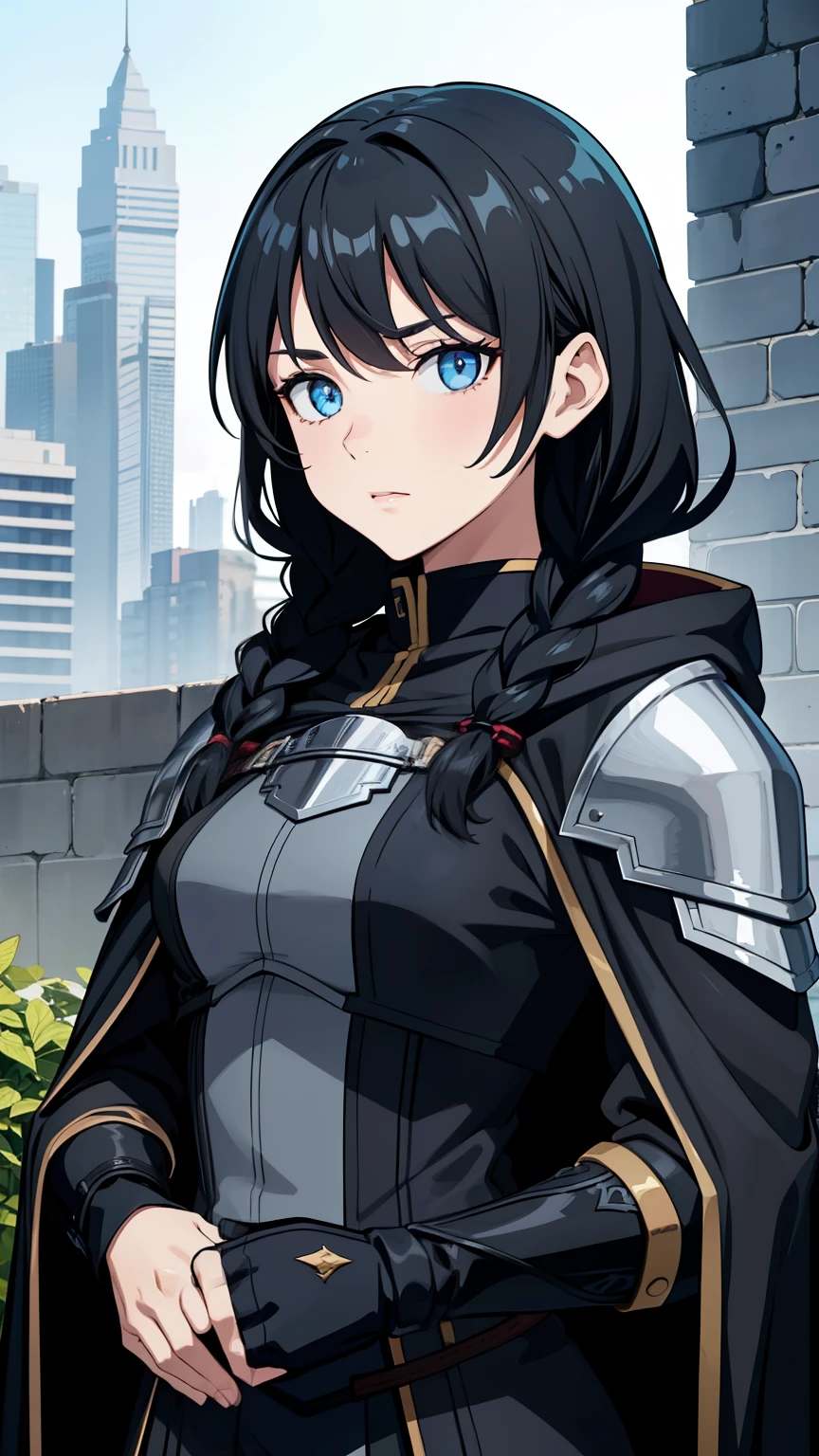 (high quality, breathtaking),(expressive eyes, perfect face) portrait, 1 girl, female, One, adult, age 20, black hair, blue eye color, average hair length, I look at the viewer, half of the body, calm facial expression, Fancy Clothing, height 4"3, fantasy adventurer outfit, red attracts, thief profession, short stature, Black cloak with hood, Black jacket, black short sleeve shirt, long sleeve mittens, black shorts, silver finish, fantasy armor, shoulder pads, braids, braids hairstyle, leather armor, fair tanned skin, bust size c cup, curly hair
