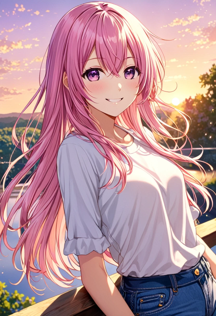Megurine Luka smile casual clothes jeans pants colored morning peace upper body