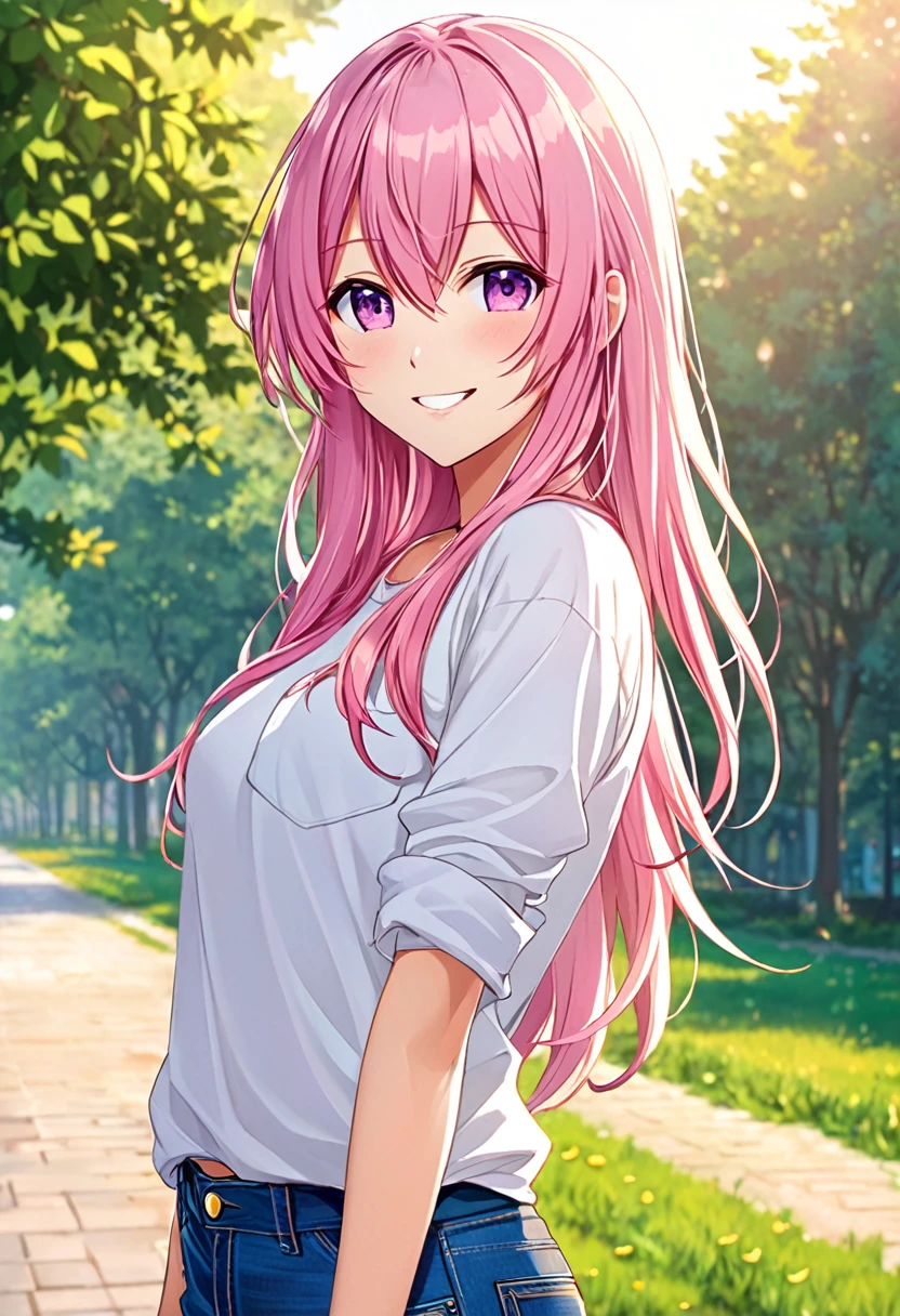 Megurine Luka smile casual clothes jeans pants colored morning peace upper body