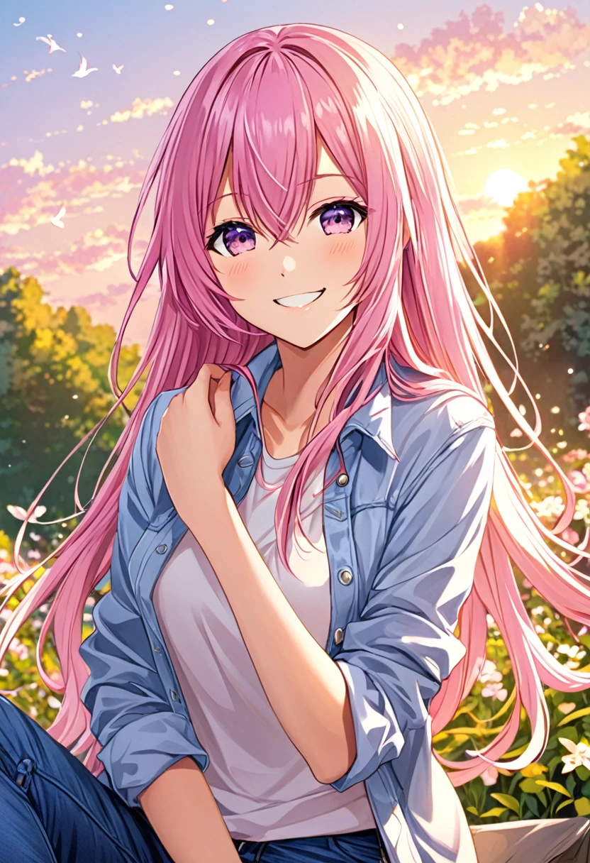Megurine Luka smile casual clothes jeans pants colored morning peace upper body