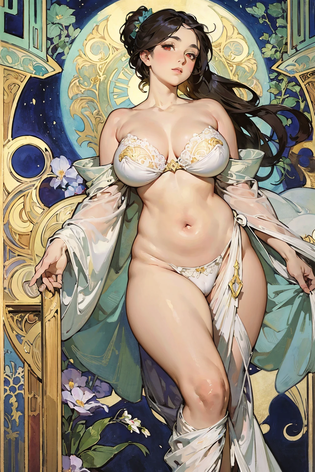 ((masterpiece)), (Highest quality), (work), Art Nouveau watercolors , Moon Goddess , Big Breasts,Robe,String,Show me your neck,Exposing shoulders,Showing your belly button,Camel toes are exposed,Big eyes, length, Thick eyelashes, Fuller lips, Dark red eyes, hair length and thick, High Ponytail, Chubby, Flower-like_background, Intricate designs and patterns in the style of Alphonse Mucha.From the butt