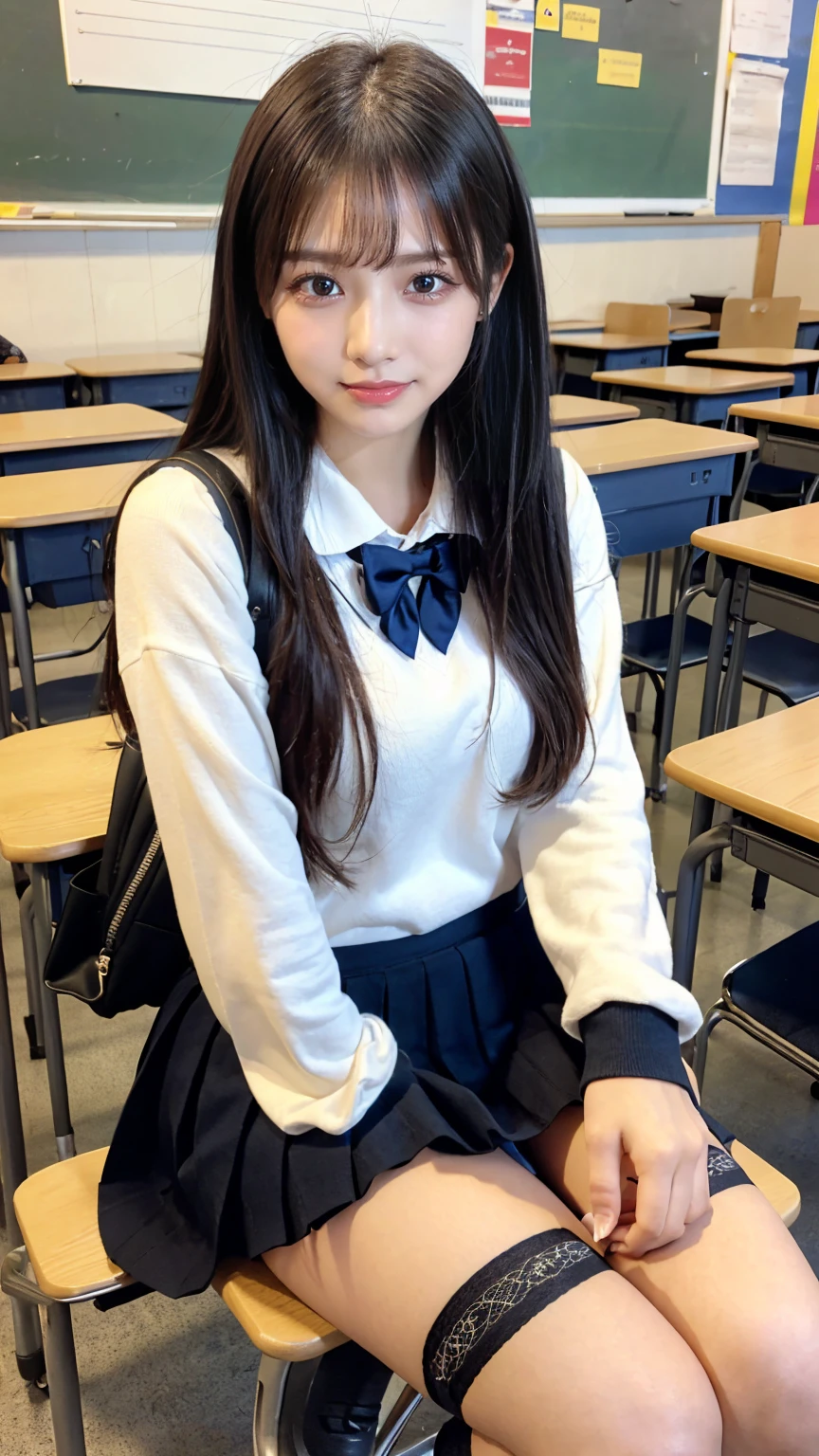 ((masterpiece, Highest quality)),Best aesthetics,One Girl, , mechanical, Sitting, school mechanical, Black hair straight, classroom, Long Hair, indoor, Chair, View your audience, :p, Focus Only, Brown eyes, mini skirt, Long sleeve, pencil, 1 boy, pencil case, paper, Black Seraphim, Multiple Girls, Pleated skirt, Sailor collar, bangs, Headrest, school bag, school Chair,smile,,Knee-high socks,(sitting panty shot:1.4)