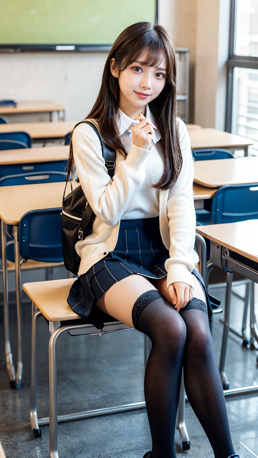 ((masterpiece, Highest quality)),Best aesthetics,One Girl, , mechanical, Sitting, school mechanical, Black hair straight, classroom, Long Hair, indoor, Chair, View your audience, :p, Focus Only, Brown eyes, mini skirt, Long sleeve, pencil, 1 boy, pencil case, paper, Black Seraphim, Multiple Girls, Pleated skirt, Sailor collar, bangs, Headrest, school bag, school Chair,smile,,Knee-high socks,(sitting panty shot:1.4)