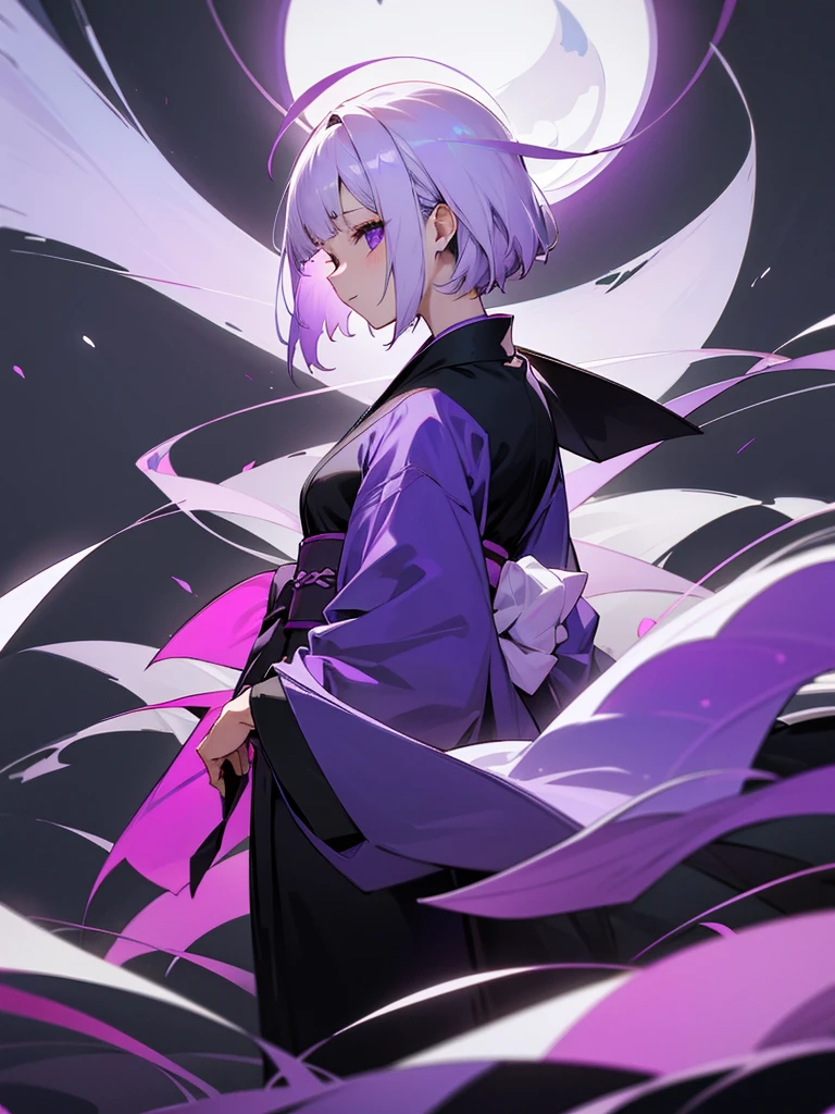 Look forward、On the left is a purple haori jacket draped over a black kimono.、Pure white hair、Purple hair tips、Short Hair