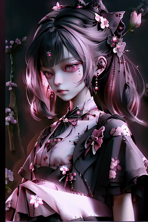 woman、whole body,Game character costumes,novel,Gothic Lolita,dress,image color: Black and Pink,lanthanum, cherry blossoms, petals in the wind, Calm, mysterious, high quality, Dark look,Detailed eye design,