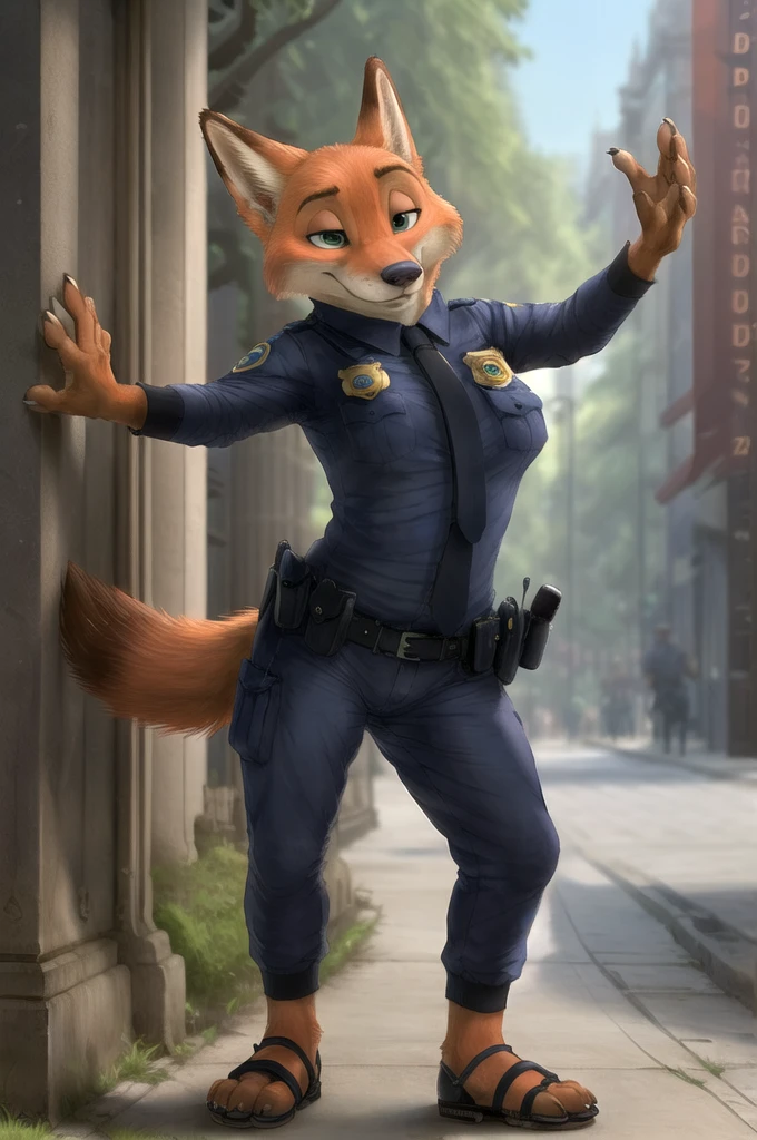 (energetic, by honovy, от zenthetiger, from Sausch), Nick Wilde, (female, big breast), fox, One, introducing, safe, dressed, breast, green eyes, police uniform,white heeled sandals, standing, city, street,day