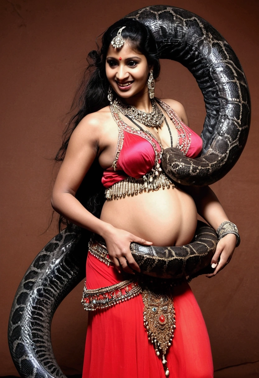  Pregnant Happy Horny, aroused 1girl), beautiful indian young  belly dancer  wearing thong with  giant colossal  black titanboa monster squeezing her hard, wrapped in thick spiraling coils, constricted, struggle, gasping for air, snake attack, snake peril,