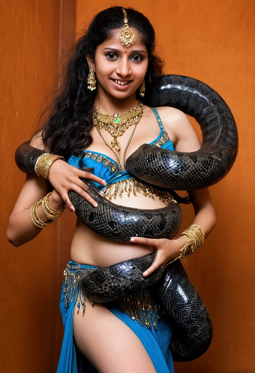  Pregnant Happy Horny, aroused 1girl), beautiful indian young  belly dancer  wearing thong with  giant colossal  black titanboa monster squeezing her hard, wrapped in thick spiraling coils, constricted, struggle, gasping for air, snake attack, snake peril,
