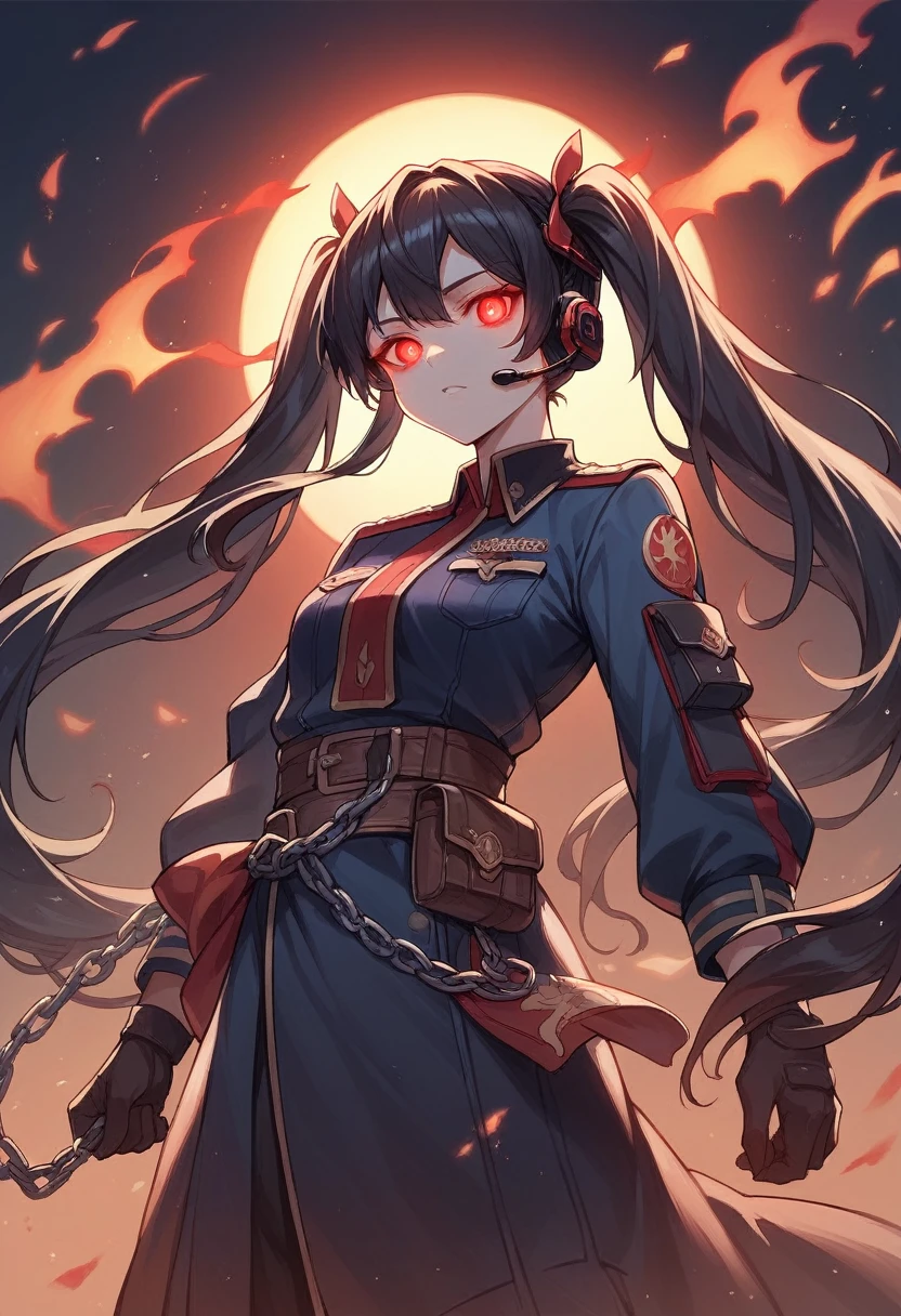 ((best quality)), ((masterpiece)), (detailed), perfect face, 1girl, lower body, long black hair with red tips, tactical clothing, headset, chains around her waist, surrounded by flames, night time, red eyes, glowing eyes, ponytails, twin tails,