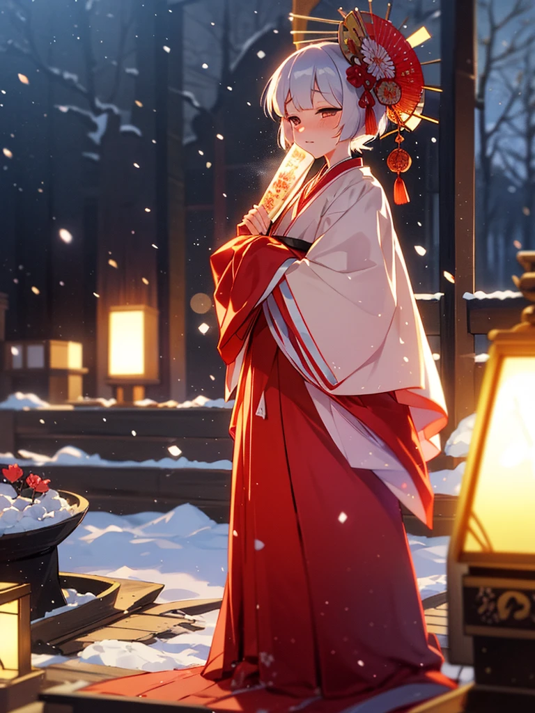 (Sumilux f1.4 50mm , low Latitude old color negative film , cross process , bokeh, flare, chromatic aberration , soft focus, (Shallow focus) , soft glow , Maximum aperture, High Key , Transparent depiction) , kawaii hentai anime , Elegance erotica , Japanese Heian period , Shrine maiden girl, kitsune mask , (round Maro eyebrows) , kimono , (Peony flowers blooming:0.8) , Snow is falling , steamy breath , Kagura Dance , passion , Drinking amazake , Drunkard , seduce , Hyakki yagyo emaki , Demons and monsters run rampant , Clothes come undone , semi nude