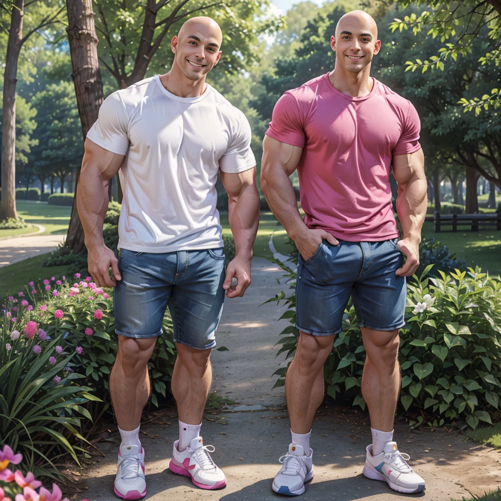 masterpiece, 8k, high resolution, best quality, ultra-detailed), 1 man and a woman together in the photo, the man is very tall, single, one person, bodybuilder, hot, perfect elongated face, handsome, bald, deep, detailed eyes, bald , shaved head, perfect body, 30 years old, muscular, very tall, pale skin, white skin, very tall (he is about 6 feet 5 inches, very muscular, smiling, sexual, winner, poses as a model, during the day, has light bright and dynamic sun, poses in a park with many trees and flowers, comfortable clothing, casual clothing, shirt, camisole, designer shirt, shorts, blue sneakers, all clothing Perfectly covers the extremely muscular body of the bodybuilder The man near the woman looking at each other, the man is taller than the woman A woman: Next to her is an Asian woman with a wavy face, smiling, long straight hair with curves at the ends, dressed in a pink t-shirt with short jeans, white socks and pink tennis shoes.