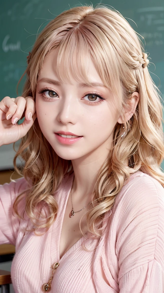 Realistic, masterpiece, Highest quality, Highest Resolution, Japanese , , Upper body photo, She narrowed her eyes.、Look at me with a shy smile, Laughing with your mouth open, Beautiful and detailed eye drawing, (Droopy eyes:1.3), Iris, Thin eyebrows, Draw eyelashes carefully, Small teeth visible, Gal Makeup, (Pink gold wavy hair, Medium Hair, middle part:1.3), (Hidden eyelid wrinkles:1.3), Beautiful breasts nude School classroom