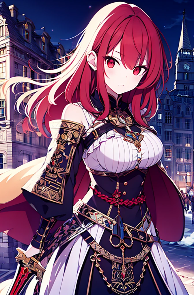 4k,hight resolution,One Woman,Bright red hair,Longhaire,red eyes,knights,white sacred armor,jewel decorations,Big sword,medieval town,furious,