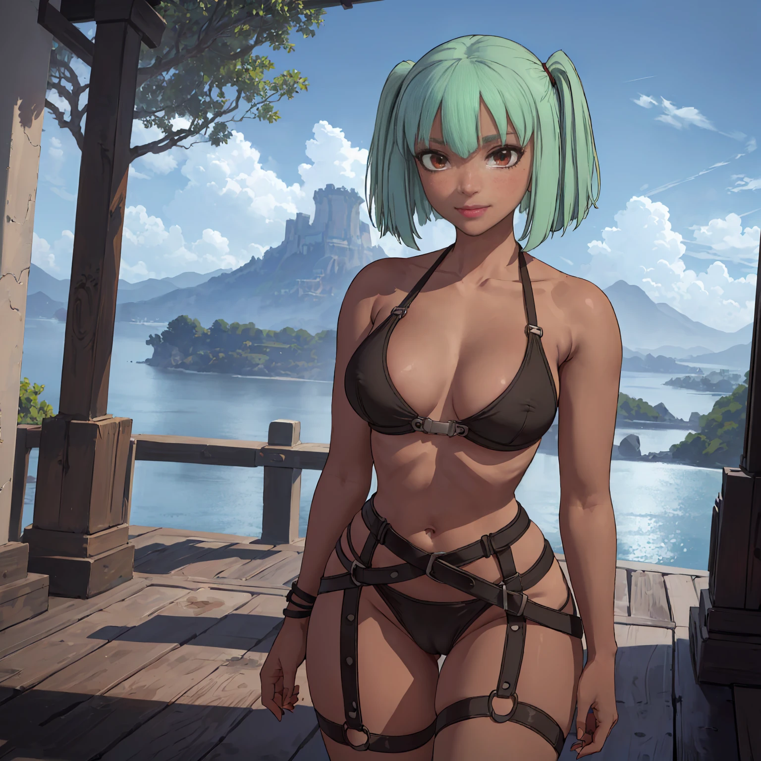 (((solo,1woman, mature, alone))), emerald sustrai, ((short hair, green hair, twintails, glowing red eyes, wide eyes, lipstick, makeup, narrow waist, skinny, medium breasts, dark skin, dark-skinned female)), pelvic curtain, ((black bikini)), full body, perfect body, (insanely detailed, beautiful detailed face, masterpiece, best quality), (extremely detailed 8k paper CG wall unit: 1.1), (saigyou_ayakashi, bare_tree, cloudy sky, cloud, fog, dusk), (smile face for the viewer), cameltoe view, cameltoe, View from above, Diagonal view