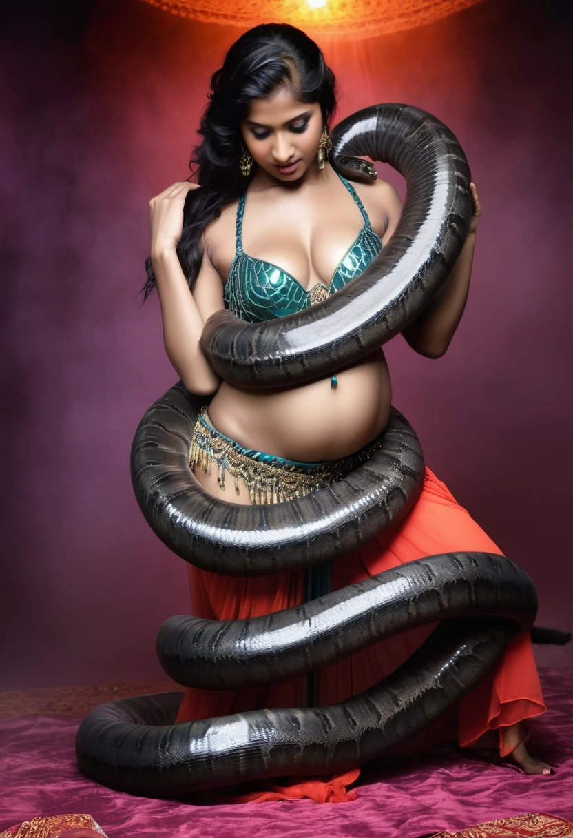 Pregnant Happy , aroused 1girl), beautiful kneeling Indian young teen y dancer girl with giant colossal black titanboa eezing her hard, wrapped in thick spiraling coils, constricted, struggle, gasping for air, snake attack, snake peril, moonless night, dim light