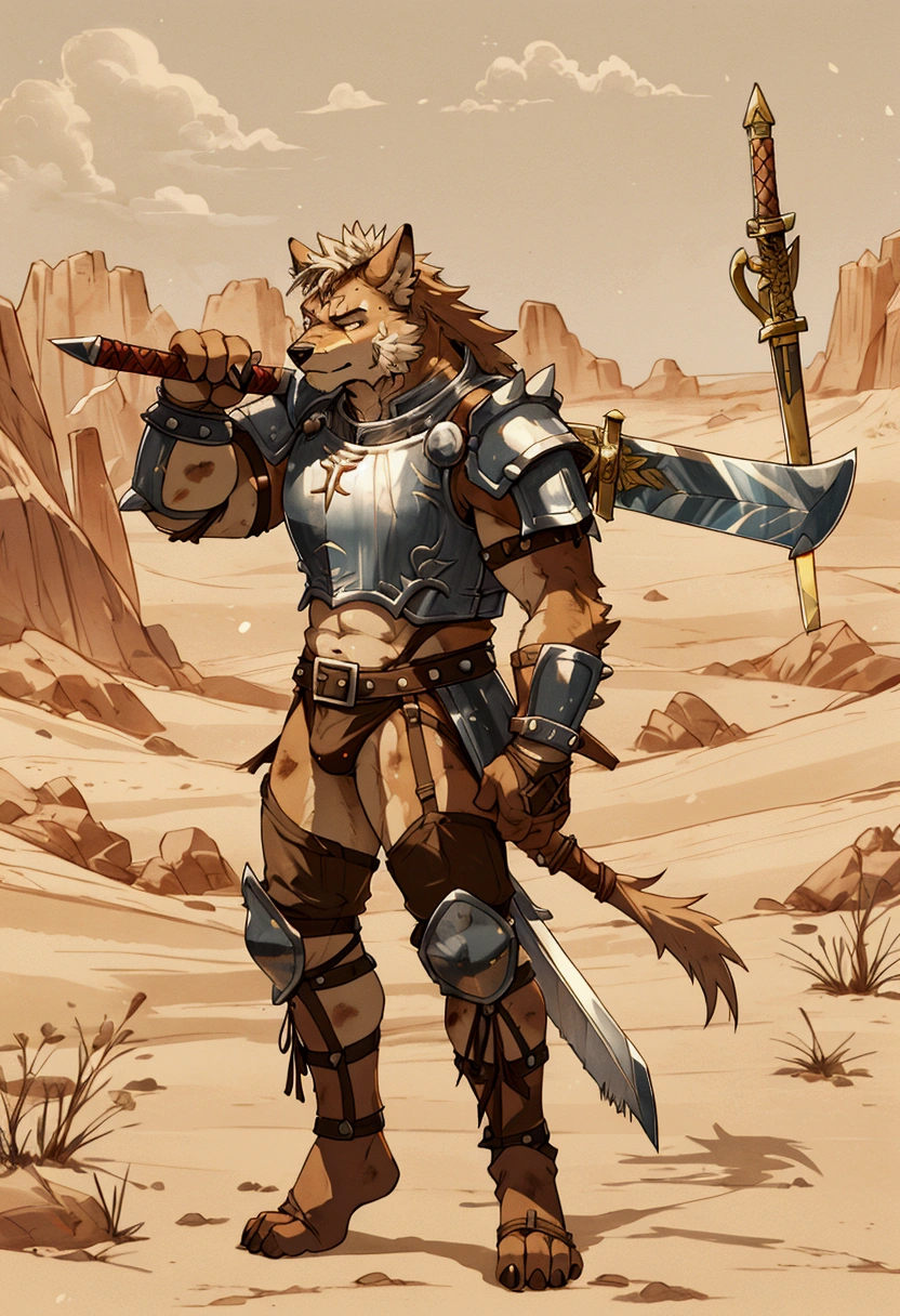 Solo Sexy young anthro furry wolf male mercenary medieval solider, slim endomorph muscular, anthro handsome gay shorter muzzle, handsome gay model male apperance, sword scars, worn out leather skimpy armament, low on hips heavy leather belt, old very worn out skimpy dirty linen material jockstrap, old yellow dirty worn out stains on white sawn jockstrap, very visible "x" brown seam pattern on the jockstrap, studded skimpy armlets breastplate armor, skimpy breastplate, leather bondages, fingerless leather gloves, smelly unwashed furr, dirty body look, desert battlefield, standing in sexy fighting position, close view of full character, blooded furr, blooded sword