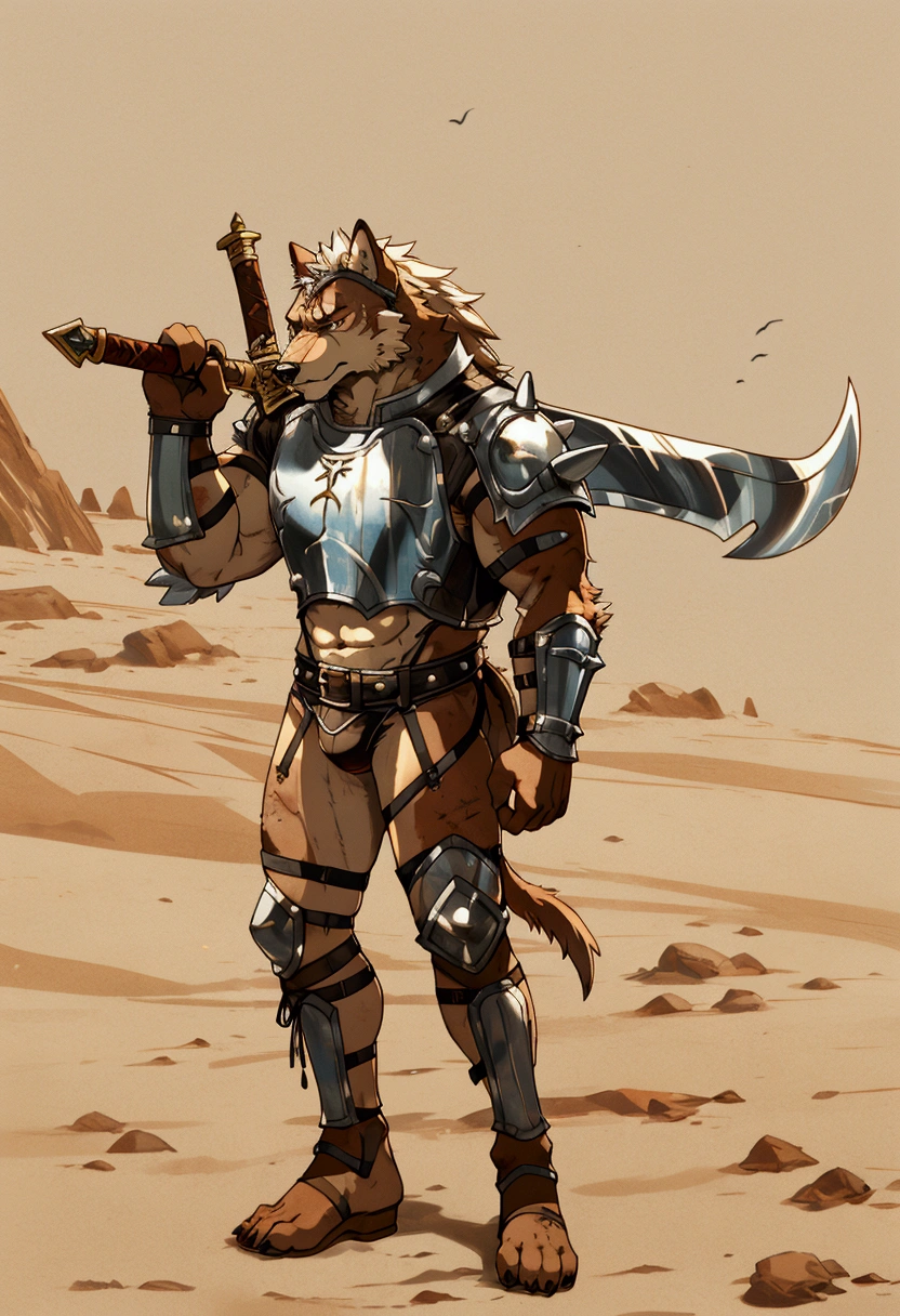 Solo Sexy young anthro furry wolf male mercenary medieval solider, slim endomorph muscular, anthro handsome gay shorter muzzle, handsome gay model male apperance, sword scars, worn out leather skimpy armament, low on hips heavy leather belt, old very worn out skimpy dirty linen material jockstrap, old yellow dirty worn out stains on white sawn jockstrap, very visible "x" brown seam pattern on the jockstrap, studded skimpy armlets breastplate armor, skimpy breastplate, leather bondages, fingerless leather gloves, smelly unwashed furr, dirty body look, desert battlefield, standing in sexy fighting position, close view of full character, blooded furr, blooded sword