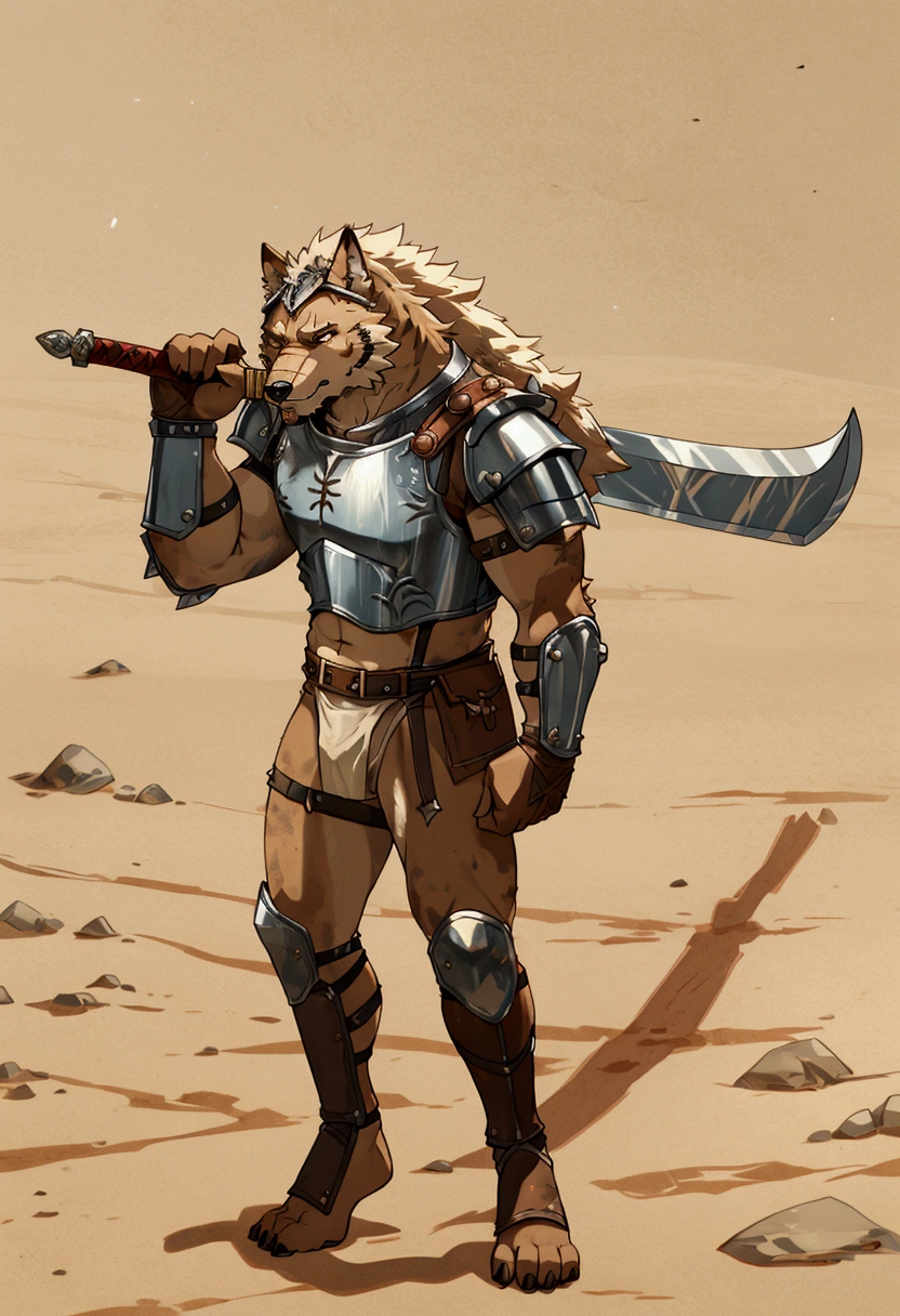 Solo Sexy young anthro furry wolf male mercenary medieval solider, slim endomorph muscular, anthro handsome gay shorter muzzle, handsome gay model male apperance, sword scars, worn out leather skimpy armament, low on hips heavy leather belt, old very worn out skimpy dirty linen material jockstrap, old yellow dirty worn out stains on white sawn jockstrap, very visible "x" brown seam pattern on the jockstrap, studded skimpy armlets breastplate armor, skimpy breastplate, leather bondages, fingerless leather gloves, smelly unwashed furr, dirty body look, desert battlefield, standing in sexy fighting position, close view of full character, blooded furr, blooded sword