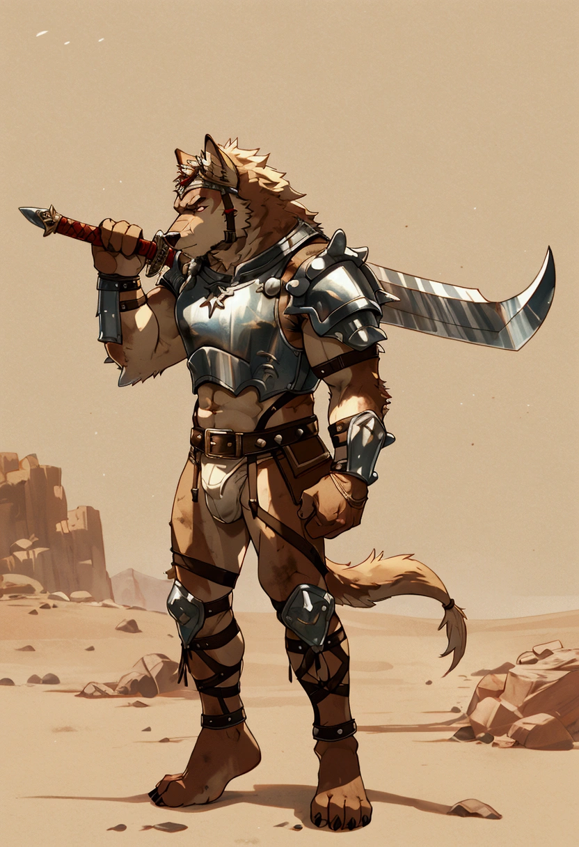 Solo Sexy young anthro furry wolf male mercenary medieval solider, slim endomorph muscular, anthro handsome gay shorter muzzle, handsome gay model male apperance, sword scars, worn out leather skimpy armament, low on hips heavy leather belt, old very worn out skimpy dirty linen material jockstrap, old yellow dirty worn out stains on white sawn jockstrap, very visible "x" brown seam pattern on the jockstrap, studded skimpy armlets breastplate armor, skimpy breastplate, leather bondages, fingerless leather gloves, smelly unwashed furr, dirty body look, desert battlefield, standing in sexy fighting position, close view of full character, blooded furr, blooded sword