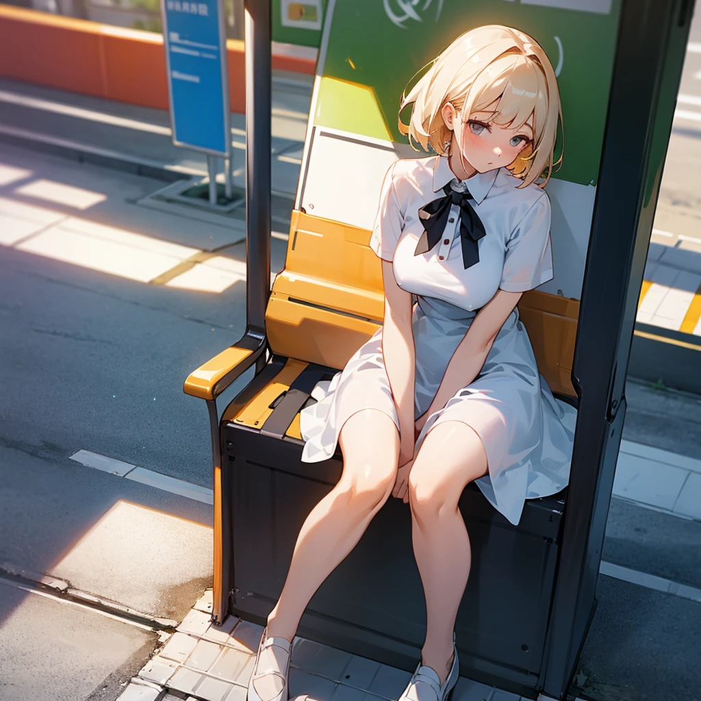 A girl waiting for the bus stop sitting facing forward with her legs wide open wearing a very short and very transparent dress naked showing her big tits and vagina
