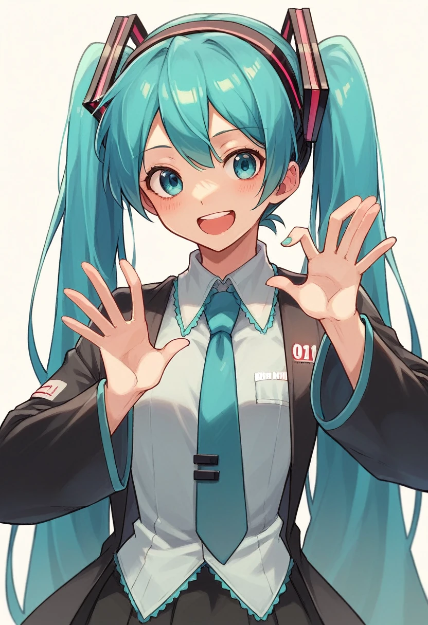 Hatsune miku smiling with dressed in the costume from the mesmerizer music video