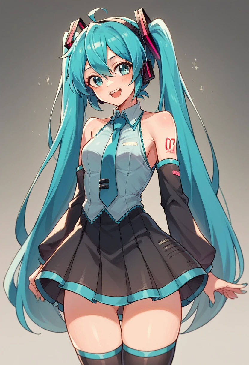 Hatsune miku smiling with dressed in the costume from the mesmerizer music video