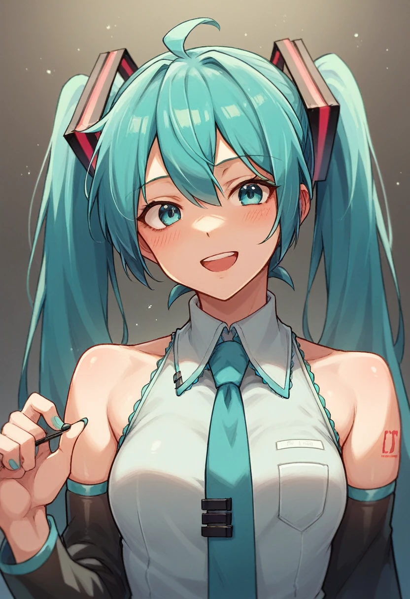 Hatsune miku smiling with dressed in the costume from the mesmerizer music video 