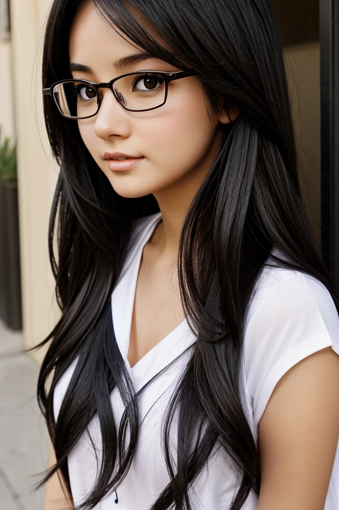 Anime girl with long black hair and brown eyes with glasses 
