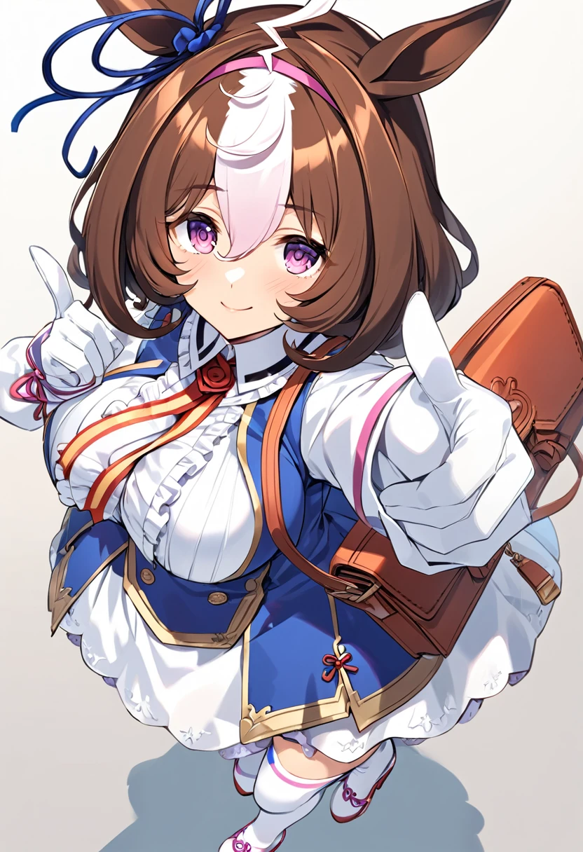 from above,meisho doto \(umamusume\),white shirt, collared shirt, white gloves, shoulder bag, strap between breasts, blue skirt, long sleeves, white thighhighs, high heels, handbag, white footwear, center frills, sleeves past wrist,light smile,looking_at_viewer,Finger Frame