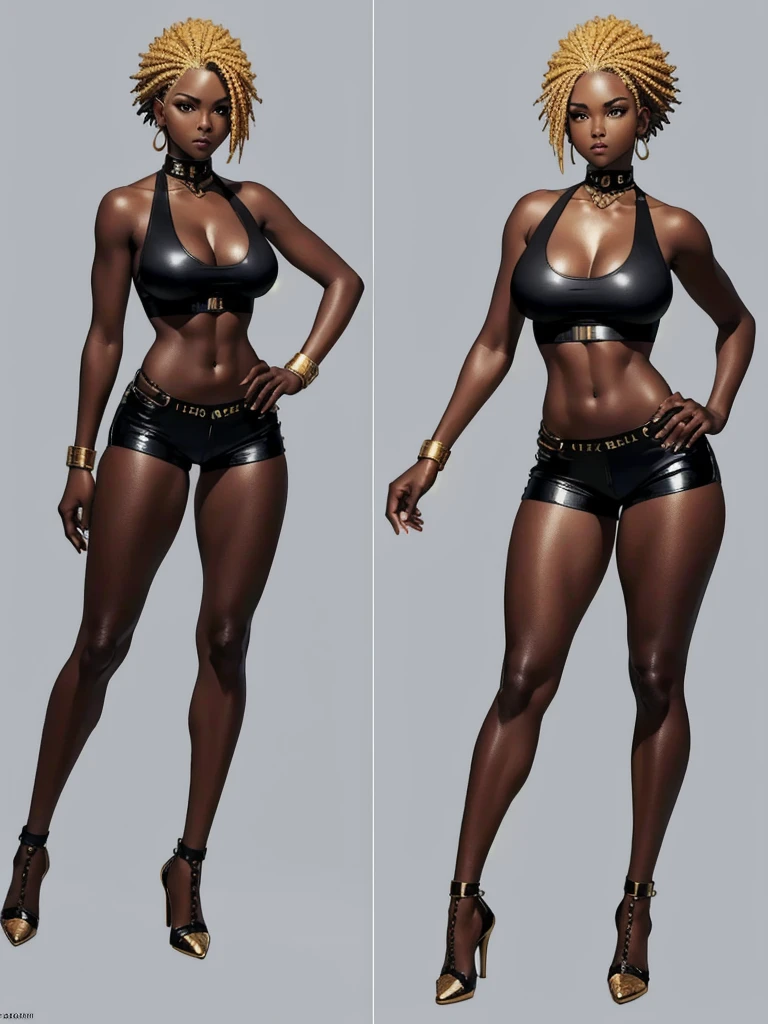 ((best quality)), ((4k)), ((highres)), ((masterpiece:1.2)). ((detailed)), ((ultra realistic)), ((intricate details)), ((full body picture)), ((character design sheet)), ((solo character)), a full body picture of a beautifull Ebony skinned female, black woman, dark skin, perfect face, detailed eyes, detailed lips, about 25 years old, about 5'5 ft. tall, punk black woman, punk style, side shaved CURLY hair ((emphasis on her side shaved CURLY hair)), ((side shaved hair)), blonde surly hair, muscular body, hourglass body type, thick and muscular, dressed in a golden top ((emphasis on her gold tank top)), and black leather shorts, high heels, fighting game character concept art, tekken character design, the king of fighters character concept, full bofy, full body concept art, full body art