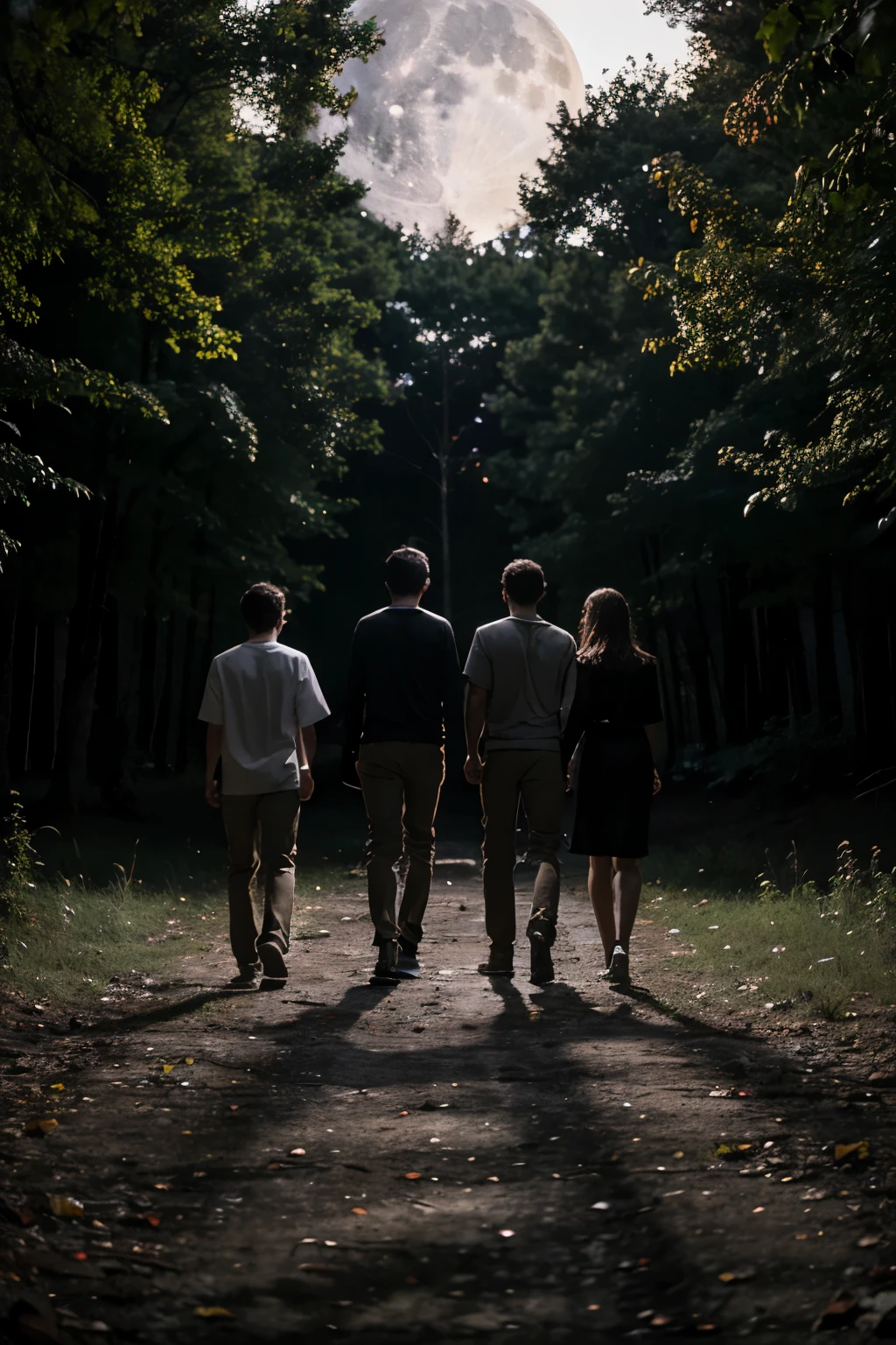 Group of three friends, two men and a woman, on a full moon night in front of an abandoned sanatorium in a forest