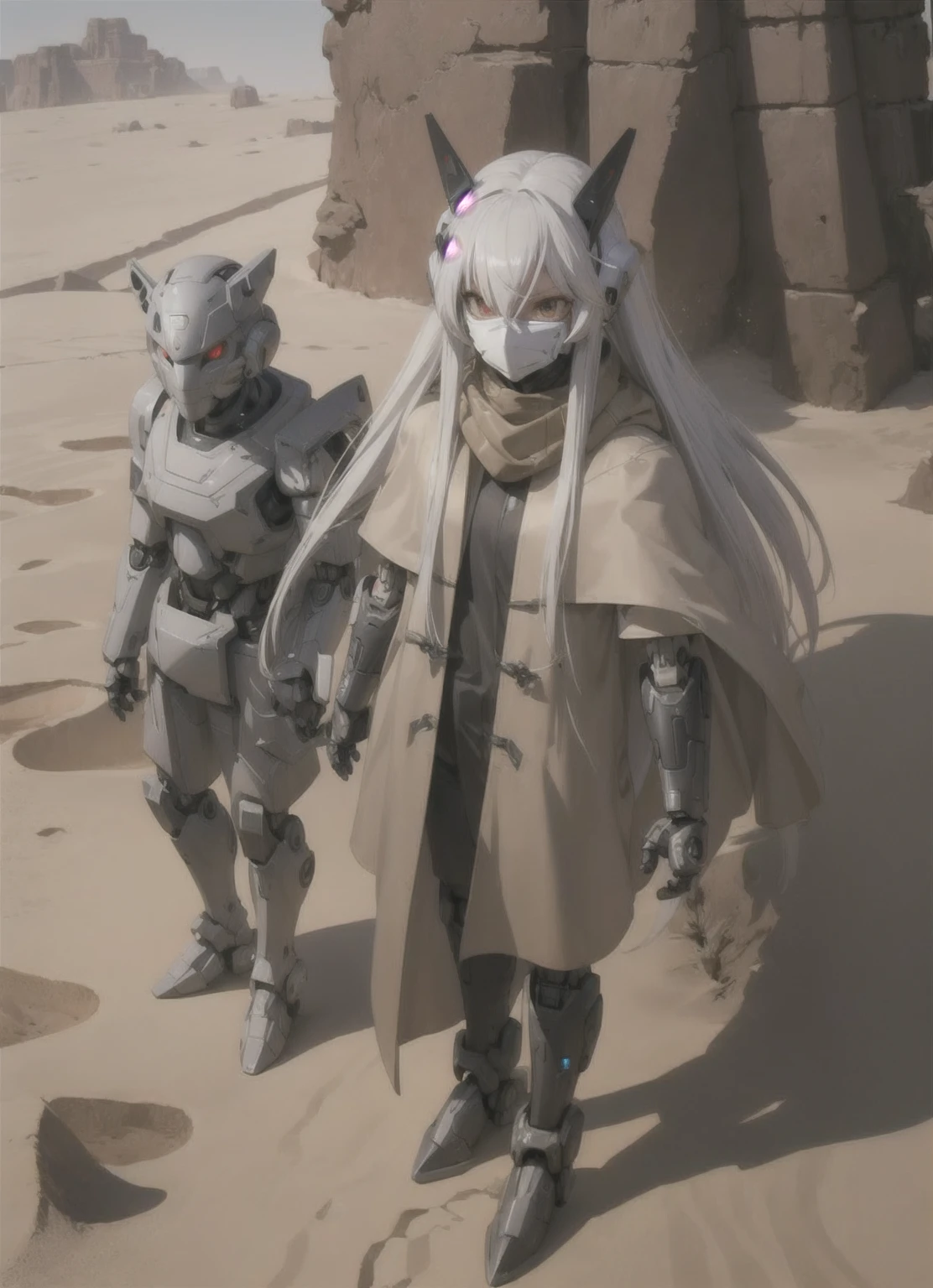 masterpiece, best quality, (1 android), white hair, [[longest hair]], mechanical body, robotic body, metallic, anime, pretty face, serious, (desert), (brown overcoat), (scarf), (anbu mask), SMG, desert android, sand storm, robot using cape