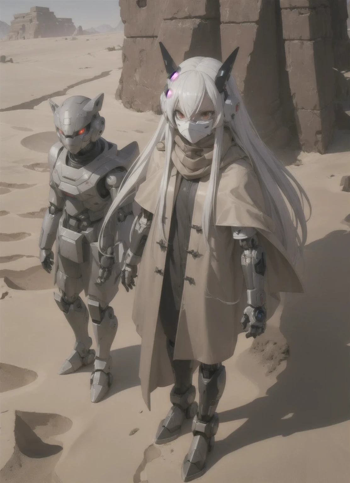 masterpiece, best quality, (1 android), white hair, [[longest hair]], mechanical body, robotic body, metallic, anime, pretty face, serious, (desert), (brown overcoat), (scarf), (anbu mask), SMG, desert android, sand storm, robot using cape