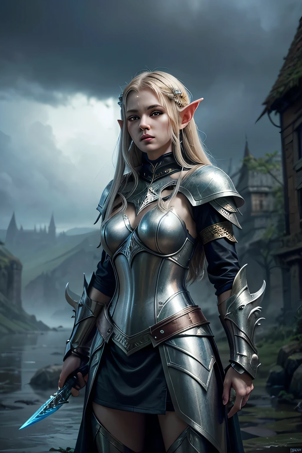 a woman in armor holding a longsword in the rain, elf girl, stunning character art, female elf, detailed fantasy art, beautiful character painting, epic fantasy art style, high quality fantasy art, fantasy concept art portrait, Fantasy character art, epic Fantasy character art, fantasy style art, fantasy art style, seductive elf princess knight , looking at the rainy sky 