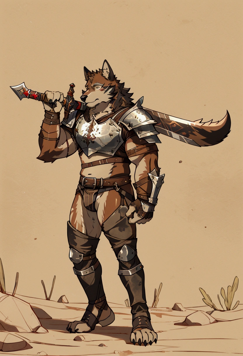 Solo Sexy young anthro furry wolf male mercenary medieval solider, slim endomorph muscular, anthro handsome gay shorter muzzle, handsome gay model male apperance, sword scars, worn out leather skimpy armament, low on hips heavy leather belt, old very worn out skimpy dirty linen material jockstrap, old yellow dirty worn out stains on white sawn jockstrap, very visible "x" brown seam pattern on the jockstrap, studded skimpy armlets breastplate armor, skimpy breastplate, leather bondages, fingerless leather gloves, smelly unwashed furr, dirty body look, desert battlefield, standing in sexy fighting position, close view of full character, blooded furr, blooded sword