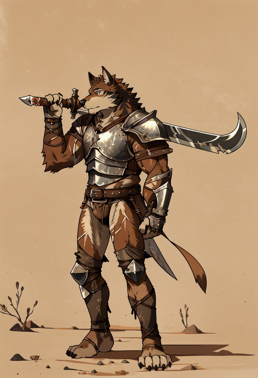 Solo Sexy young anthro furry wolf male mercenary medieval solider, slim endomorph muscular, anthro handsome gay shorter muzzle, handsome gay model male apperance, sword scars, worn out leather skimpy armament, low on hips heavy leather belt, old very worn out skimpy dirty linen material jockstrap, old yellow dirty worn out stains on white sawn jockstrap, very visible "x" brown seam pattern on the jockstrap, studded skimpy armlets breastplate armor, skimpy breastplate, leather bondages, fingerless leather gloves, smelly unwashed furr, dirty body look, desert battlefield, standing in sexy fighting position, close view of full character, blooded furr, blooded sword