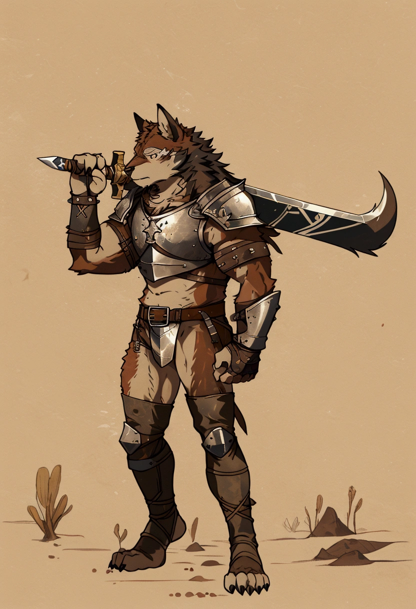 Solo Sexy young anthro furry wolf male mercenary medieval solider, slim endomorph muscular, anthro handsome gay shorter muzzle, handsome gay model male apperance, sword scars, worn out leather skimpy armament, low on hips heavy leather belt, old very worn out skimpy dirty linen material jockstrap, old yellow dirty worn out stains on white sawn jockstrap, very visible "x" brown seam pattern on the jockstrap, studded skimpy armlets breastplate armor, skimpy breastplate, leather bondages, fingerless leather gloves, smelly unwashed furr, dirty body look, desert battlefield, standing in sexy fighting position, close view of full character, blooded furr, blooded sword