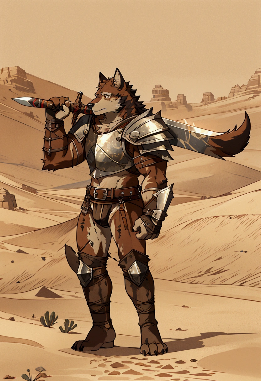 Solo Sexy young anthro furry wolf male mercenary medieval solider, slim endomorph muscular, anthro handsome gay shorter muzzle, handsome gay model male apperance, sword scars, worn out leather skimpy armament, low on hips heavy leather belt, old very worn out skimpy dirty linen material jockstrap, old yellow dirty worn out stains on white sawn jockstrap, very visible "x" brown seam pattern on the jockstrap, studded skimpy armlets breastplate armor, skimpy breastplate, leather bondages, fingerless leather gloves, smelly unwashed furr, dirty body look, desert battlefield, standing in sexy fighting position, close view of full character, blooded furr, blooded sword