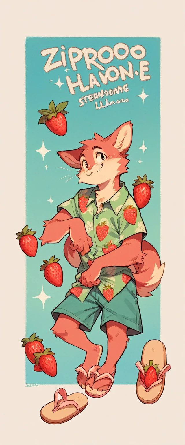 A pale red fluffy cat in a full-length turquoise Hawaiian shirt and flip-flop slippers on either side of him should have his attributes : zippo lighter, strawberries and lemons