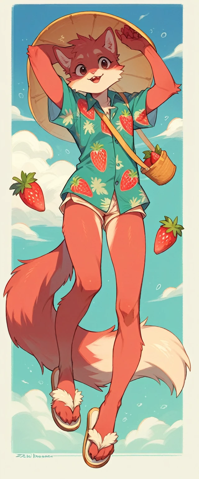 A pale red fluffy cat in a full-length turquoise Hawaiian shirt and flip-flop slippers on either side of him should have his attributes : zippo lighter, strawberries and lemons