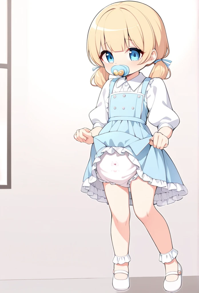 blue eyes,long eyelashes,frilly baby blue pinafore dress,standing,collared blouse,big puffy short white sleeves,hair ribbons,,big puffy diaper,frilly ankle socks,mary jane shoes,curly pigtails,blonde hair,solo,masterpiece,fullbody,(big puffy diaper),diaper cover,skirt,pacifier,teen,baby blue skirt with frilled hemline covering diaper a bit,
