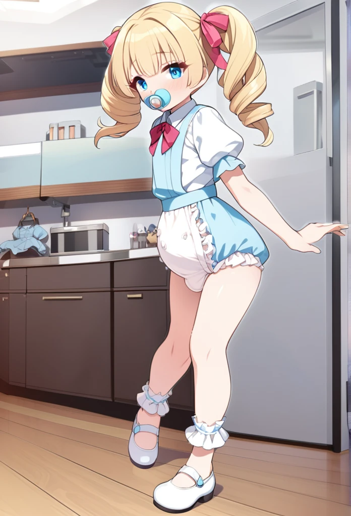 blue eyes,long eyelashes,frilly baby blue pinafore dress,standing,collared blouse,big puffy short white sleeves,hair ribbons,,big puffy diaper,frilly ankle socks,mary jane shoes,curly pigtails,blonde hair,solo,masterpiece,fullbody,(big puffy diaper),diaper cover,skirt,pacifier,,baby blue skirt with frilled hemline covering diaper a bit,