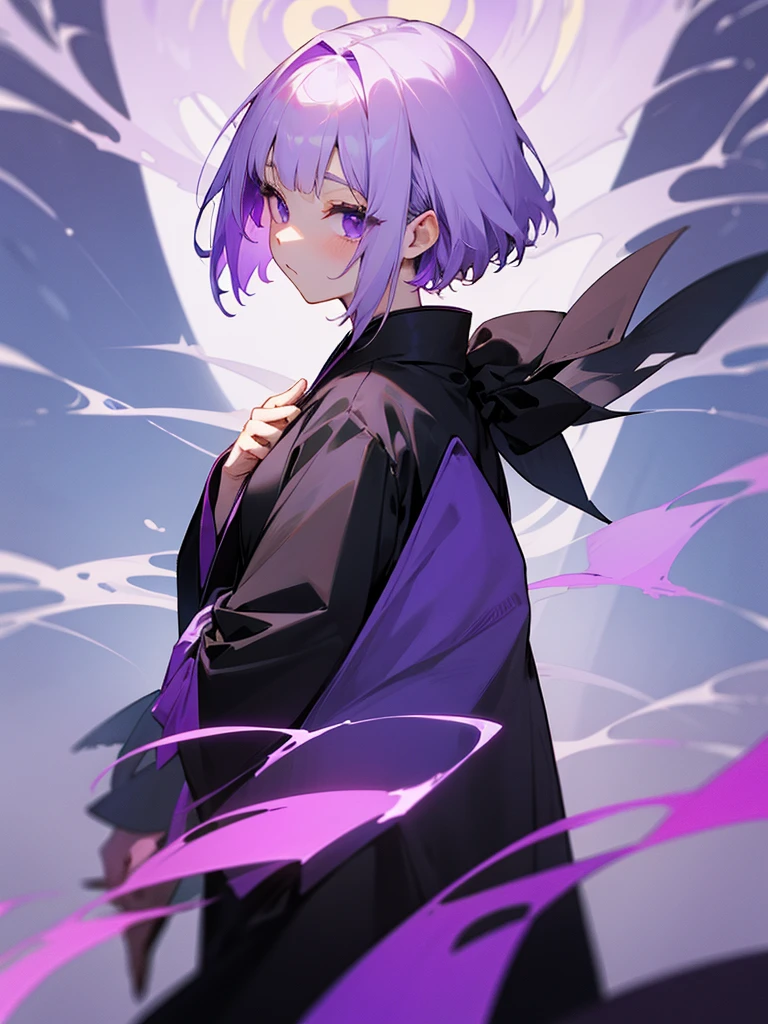 Only facing straight ahead、alone、On the left is a purple haori jacket draped over a black kimono.、Pure white hair、Purple hair tips、Short Hair