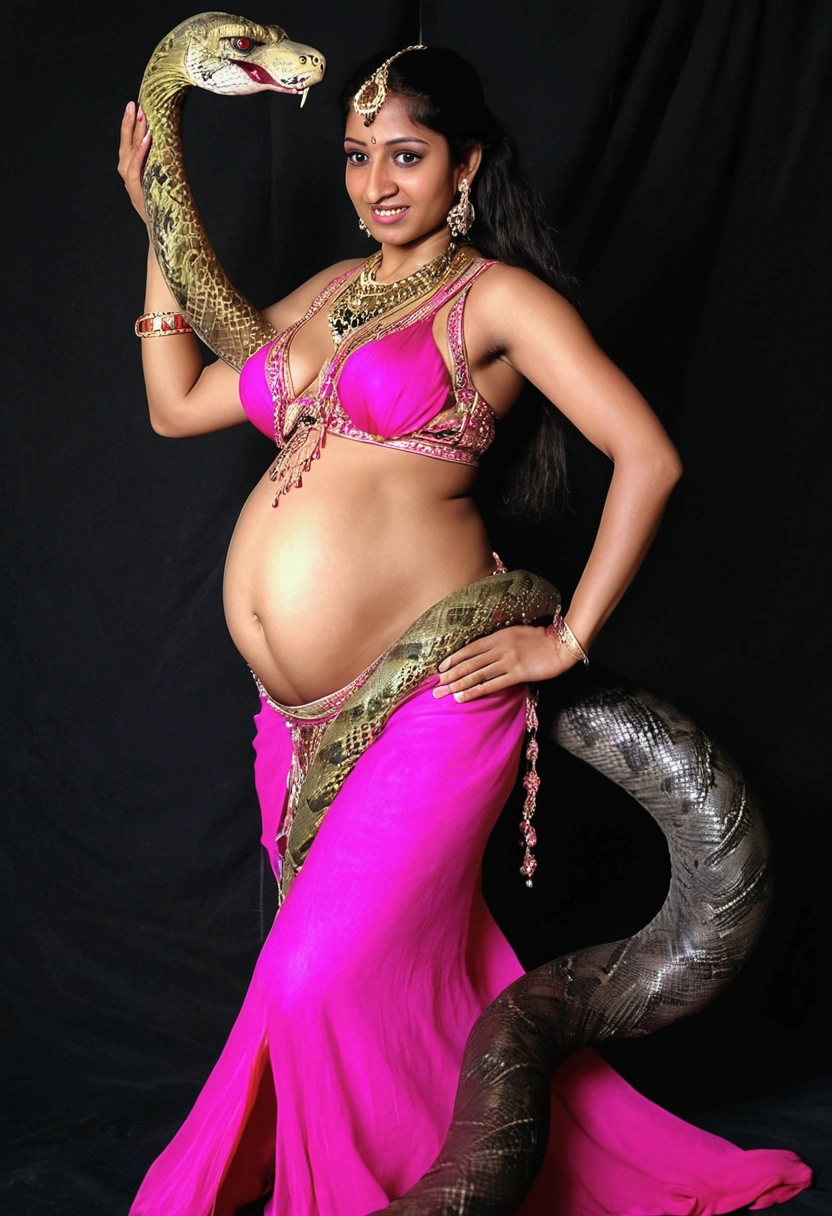 Pregnant Happy Horny, aroused 1girl), beautiful indian young belly dancer wearing pink thong with giant colossal Kaa monster squeezing her hard, wrapped in thick spiraling coils, constricted, struggle, gasping for air, snake attack, snake peril,