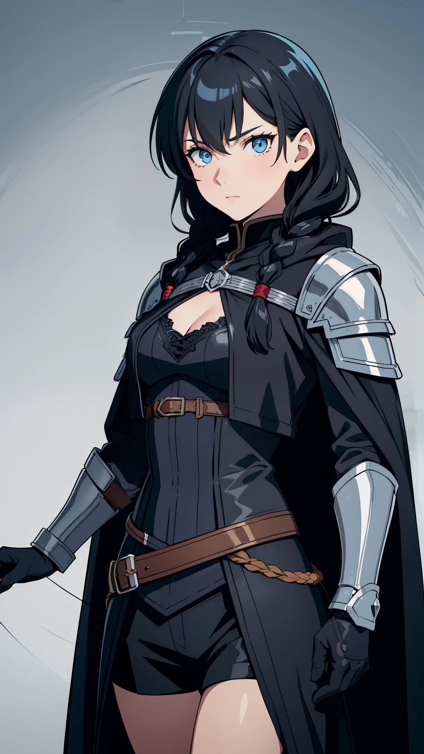 (high quality, breathtaking),(expressive eyes, perfect face) portrait, 1 girl, female, One, adult, age 20, black hair, blue eye color, average hair length, I look at the viewer, half of the body, calm facial expression, Fancy Clothing, height 4"3, fantasy adventurer outfit, red attracts, thief profession, short stature, Black cloak with hood, Black jacket, black short sleeve shirt, long sleeve mittens, black shorts, silver finish, fantasy armor, shoulder pads, braids, braids hairstyle, leather armor, fair tanned skin, bust size c cup, curly hair
