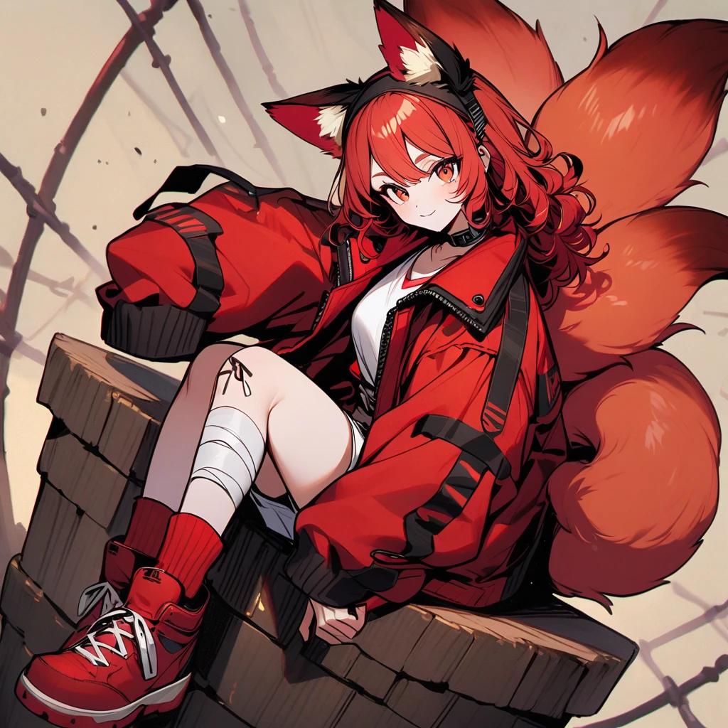 (well done:1) woman, short red, slightly wavy hair, red fox ears and tail, bulky red winter jacket with black details, white shirt, white shorts, bandage on the knee, red sneakers.
