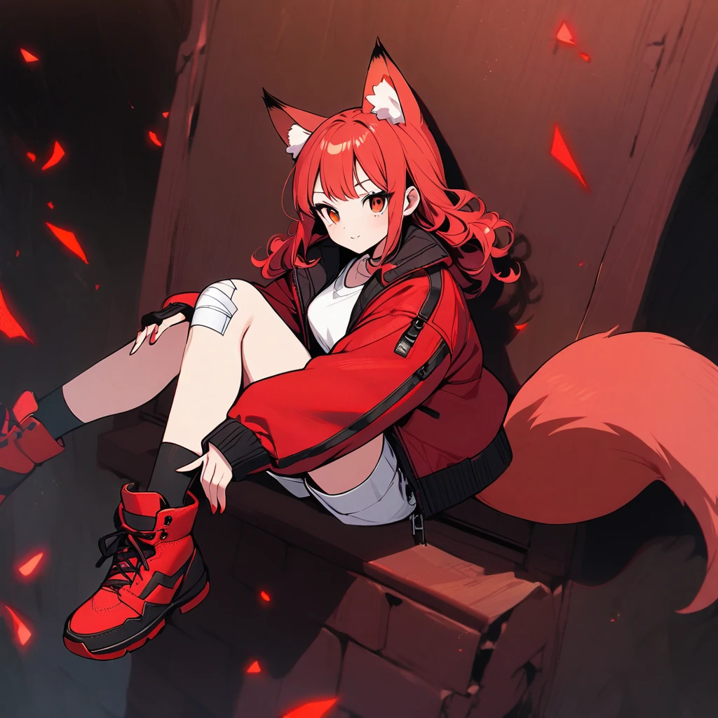 (well done:1) woman, short red, slightly wavy hair, red fox ears and tail, bulky red winter jacket with black details, white shirt, white shorts, bandage on the knee, red sneakers.