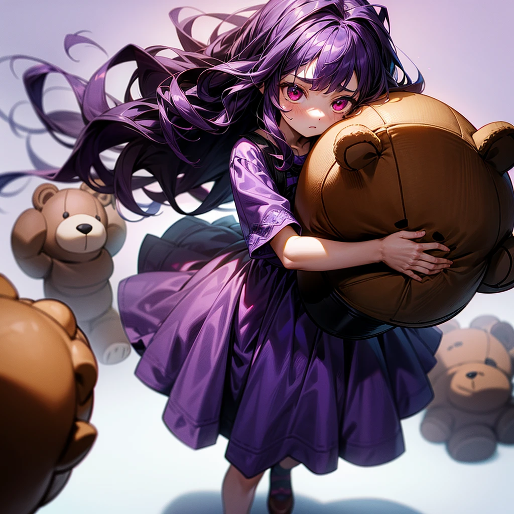 ???, 1girl, standing, holding a big brown teddy bear, worried, glowing red eyes, dark purple hair, wavy long hair, wearing a cute purple dress, masterpiece, 8k, ultra-detailed, perfect hands,  very short, walling down, white background 