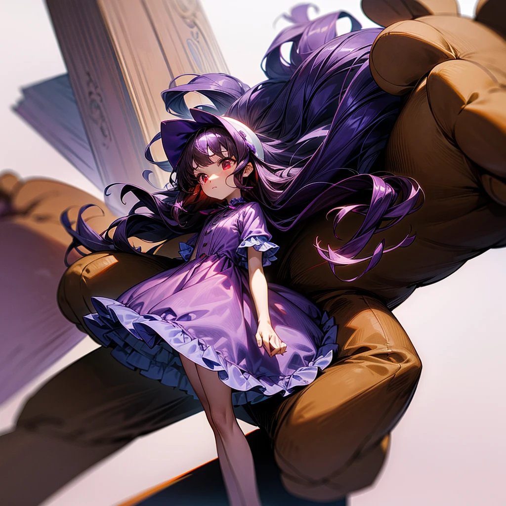 ???, 1girl, standing, holding a big brown teddy bear, worried, glowing red eyes, dark purple hair, wavy long hair, wearing a cute purple dress, masterpiece, 8k, ultra-detailed, perfect hands, very short, walling down, white background