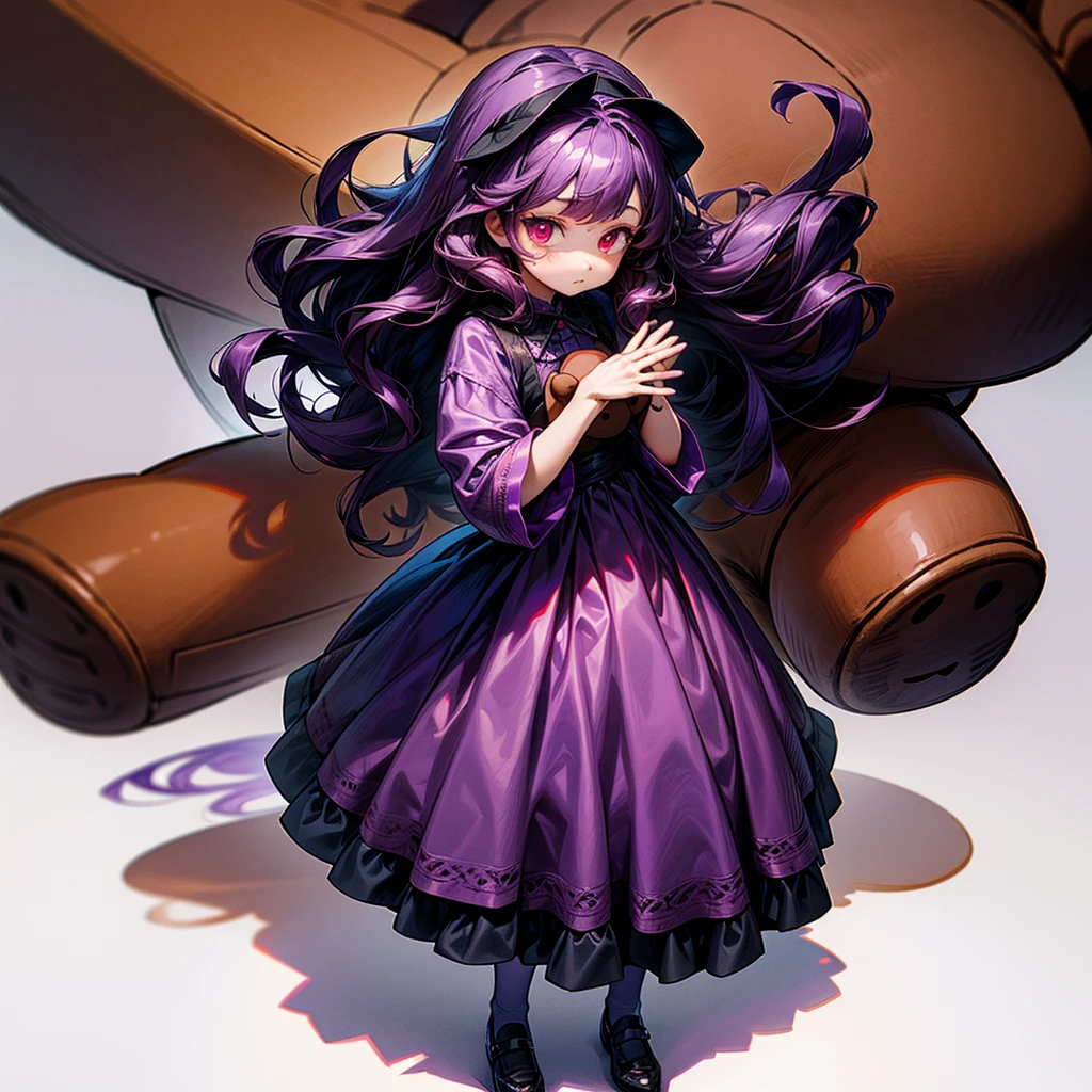 Kid, 1girl, standing, holding a big brown teddy bear, worried, glowing red eyes, dark purple hair, wavy long hair, wearing a cute purple dress, masterpiece, 8k, ultra-detailed, perfect hands, very short, walling down, white background